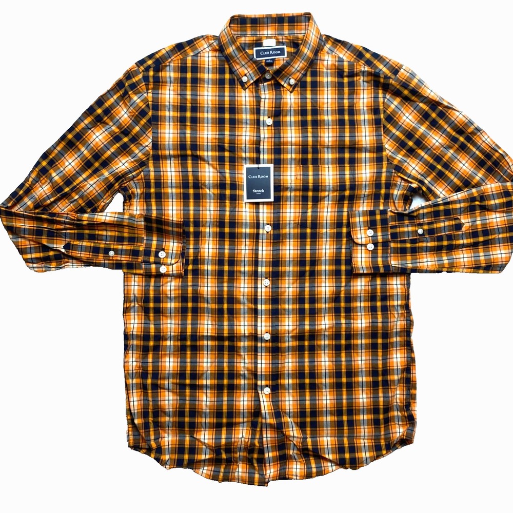 Club Room Shirt Mens Small Orange Black Long Sleeve Check Button Down NWT $55